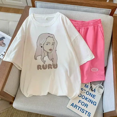 纯棉运动服套装女2023夏季薄款宽松短袖短裤小个子时尚休闲两件套商品大图