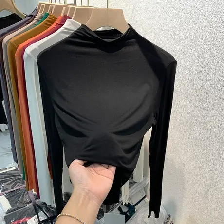 欧货半高领打底衫女春秋长袖内搭2023春秋新款修身上衣莫代尔t恤商品大图