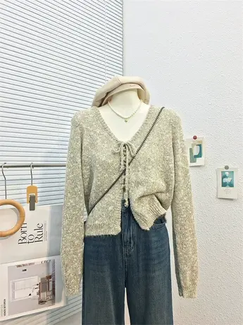 2023秋装新品宽松软糯混色毛衣 设计感绑带V领套头针织衫百搭上衣商品大图