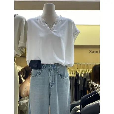 收腰短款V领T恤短袖女夏装2023新款宽松显瘦百搭半袖体恤上衣ins商品大图