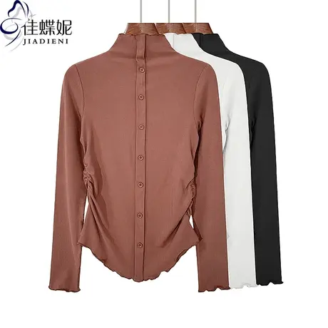 秋冬新款半高领荷叶边修身褶皱纯欲圆弧纯棉长袖体恤上衣女打底衫商品大图