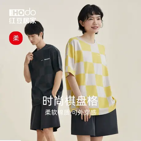 【柔感】红豆情侣睡衣短袖夏季男女运动可外穿棋盘格棉家居服套装商品大图