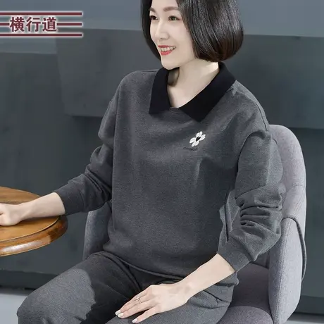 翻领撞色绣花宽松卫衣长袖纯色大码显瘦妈妈韩版2025新款春装女衣商品大图