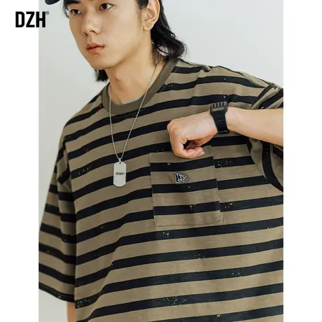 男士撞色条纹t恤男短袖全棉简约衣服男生半袖上衣情侣圆领体恤衫商品大图