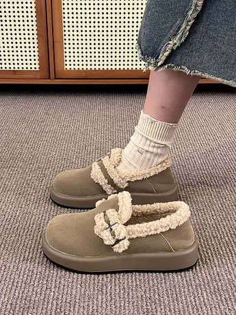 复古厚底毛毛鞋女2023秋冬新款一脚蹬豆豆鞋加绒保暖孕妇勃肯棉鞋商品大图