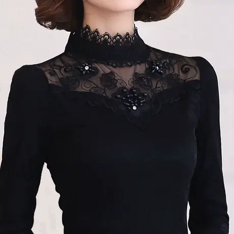 冬季保暖内衣女加绒加厚上衣单件紧身外穿蕾丝高领打底衫大码秋衣图片