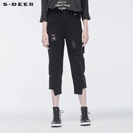 sdeer圣迪奥2019春时尚做旧磨破毛边不规则裁剪休闲长裤S19180805商品大图