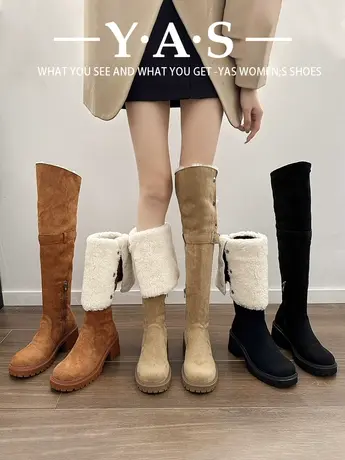 显瘦过膝靴羊羔毛雪地靴女2023新款加绒麂皮长筒靴加绒厚底高筒靴图片