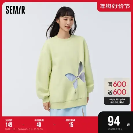 森马卫衣女镂空蝴蝶假两件2023春新款oversize拼接网纱上衣小心机图片
