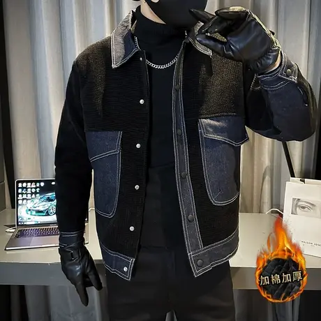 2023秋冬新款牛仔拼接小外套雪尼尔方格加厚翻领夹克男潮修身百搭图片