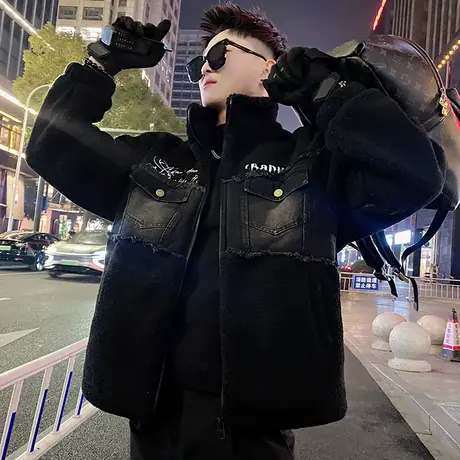 摇粒绒棉服男冬季2023牛仔拼接设计感宽松痞帅时尚羊羔毛棉衣外套图片