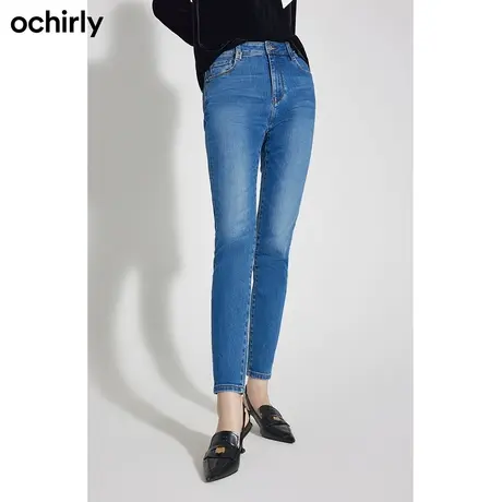 黑标系列 欧时力 高腰窄脚牛仔长裤女新款冬装钻饰修身铅笔裤显瘦商品大图