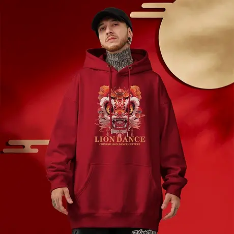 2024新款秋冬国潮本命年龙年红色新年卫衣男连帽加绒潮牌大码男装商品大图