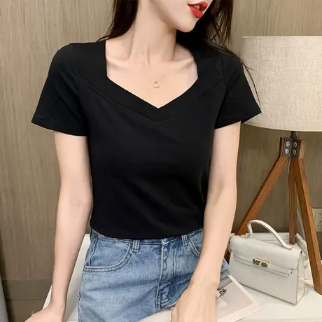 短袖T恤女2023夏季新款露锁骨V领修身显瘦黑色体恤纯色方领上衣潮商品大图