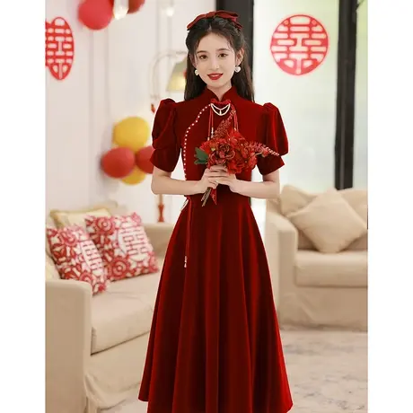 敬酒服新娘2023新款设计感小个子法式酒红色礼服女夏季订婚连衣裙商品大图