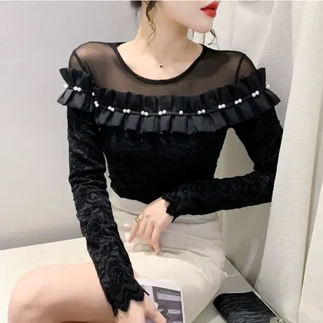 时尚气质性感蕾丝衫拼接木耳边钉珠长袖洋气内塔上衣女修身打底衫图片