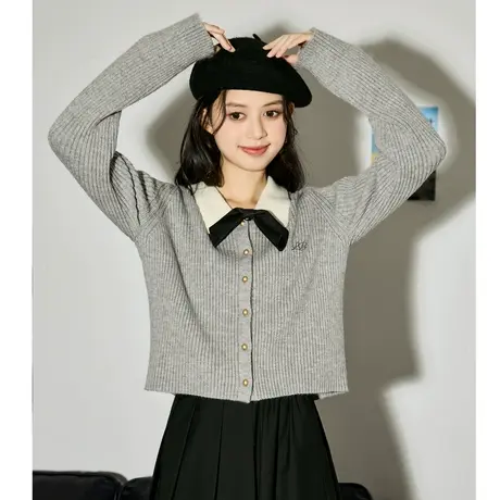 唐狮2024年新款学院风针织开衫女秋冬翻领撞色小众短款毛衫1.10图片