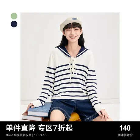 乐町海军领针织上衣早春针织衫长袖薄款学院风条纹毛衣图片