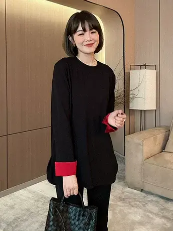 春季新中式气质时尚宽松磨毛长袖T恤女拼接中长款百搭打底衫上衣商品大图