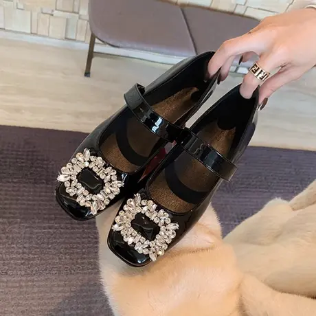 水钻方扣玛丽珍鞋2024新款鞋子法式漆皮低跟粗跟浅口小皮鞋女单鞋商品大图