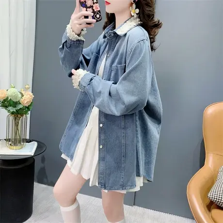设计感甜美钉珠蕾丝拼接牛仔衬衫女2024新款春季洋气休闲外套上衣商品大图