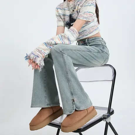 浅蓝微喇牛仔裤女春秋新款复古小开叉高腰阔腿修身显瘦百搭马蹄裤商品大图