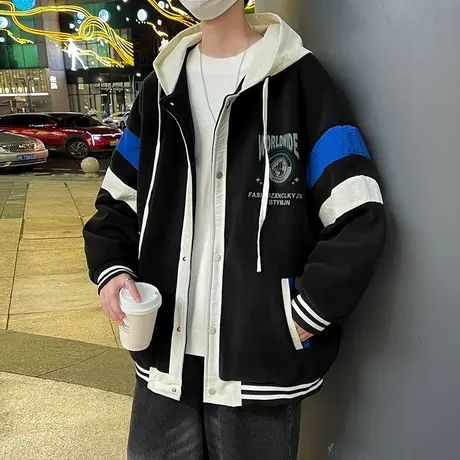 青少年学生秋季夹克撞色拼接宽阔版潮牌百搭男士奥利绒连帽外套男商品大图