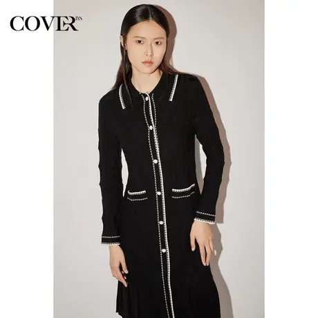 COVER冬季四平打褶下摆撞色羊毛POLO连衣裙图片