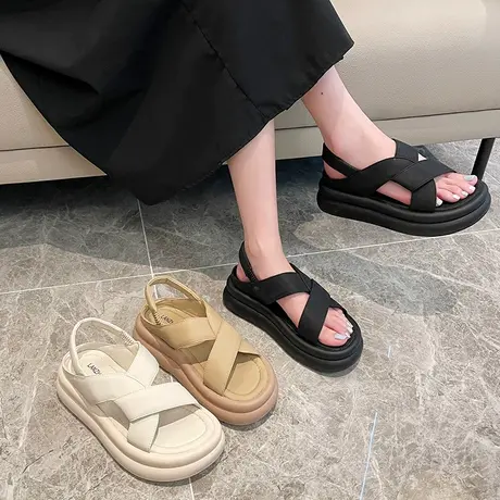 今年流行的凉鞋女士2024夏季新款时尚女鞋法式罗马厚底休闲沙滩鞋商品大图