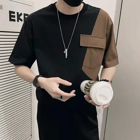 短袖T恤男夏季新款潮牌撞色拼接口袋设计感男装圆领上衣T恤半截袖商品大图