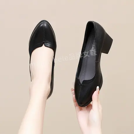 2024春秋新款单鞋女粗跟浅口鞋子软底软面中跟时尚百搭休闲女鞋春图片