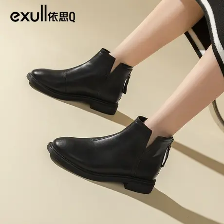 依思q皮鞋冬季2023新款黑色低帮靴子女平底尖头短靴女防滑妈妈鞋商品大图