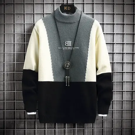 拼接撞色毛衣男秋冬季宽松休闲半高领男士针织衫慵懒线衣加厚外套商品大图