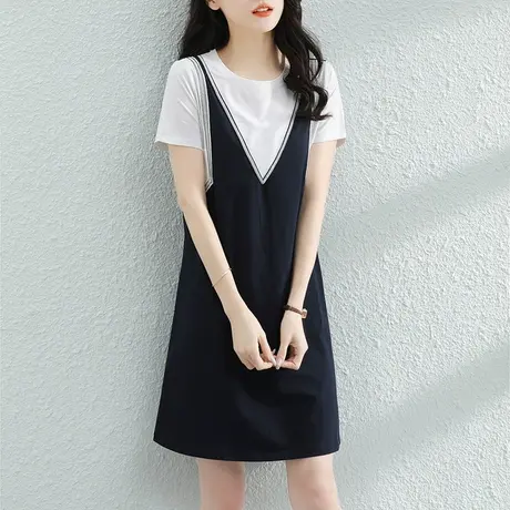 韩潮袭人假两件拼接小个子短袖a字裙2023夏季新款女士连衣裙子薄图片