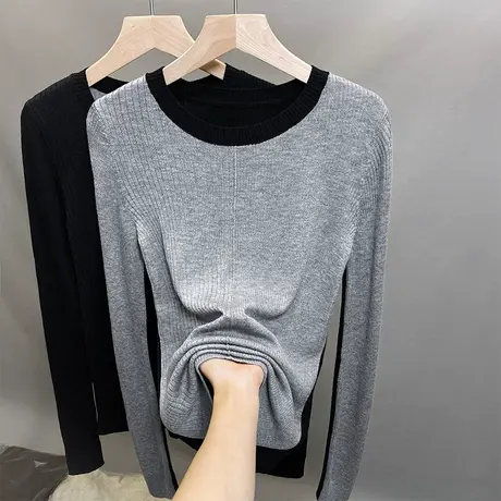 2023年秋新款圆领软糯毛衣打底衫女套头百搭上衣弹力修身针织衫女图片