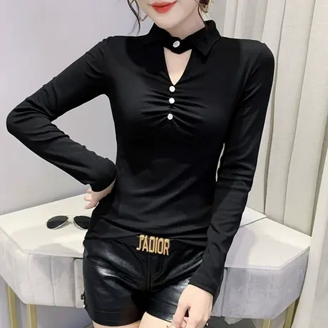 2023春秋新款时尚性感V领T恤设计感洋气上衣修身百搭打底衫女长袖商品大图
