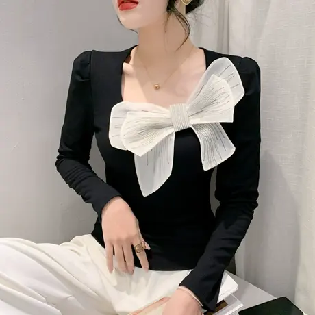 时尚蝴蝶结T恤女长袖2023秋季新款网红设计感小众上衣内搭打底衫商品大图