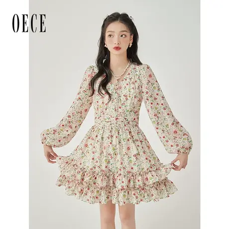 Oece长袖碎花连衣裙2023春季新款女装复古蛋糕裙法式甜美淑女裙子图片