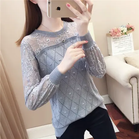 秋季新款蕾丝镂空拼接针织衫宽松薄款长袖打底衫套头百搭毛衣女图片