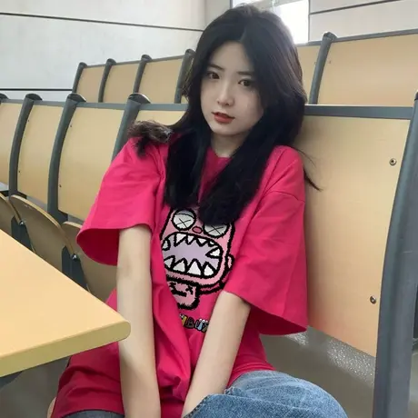 火龙果色纯棉短袖t恤女夏季2023新款设计感小众宽松oversize上衣商品大图