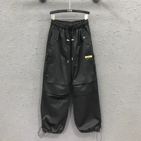 2023秋季新款黑色工装裤显瘦宽松长款直筒裤束脚裤女高腰系带潮图片