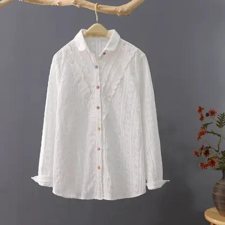 长袖刺绣上衣2023春秋新品短款衬衫女韩范文艺清新打底衫白衬衣商品大图