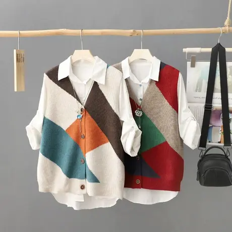 2023年秋装新款V领无袖针织开衫马甲背心女外穿撞色毛衣打底坎肩图片