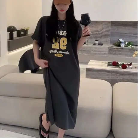 高端气质连衣裙夏季2023新款女装宽松短袖T恤裙小个子飞飞袖长裙图片