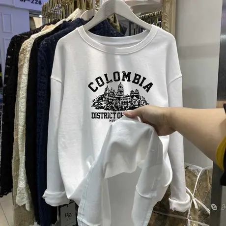 春秋纯棉长袖t恤女中长款宽松大码遮肚子显瘦时尚磨毛加厚上衣潮商品大图