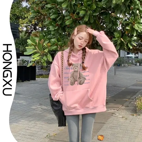 红续韩版简约通勤连帽印花卫衣女加绒加厚2023秋冬潮穿搭显瘦百搭商品大图