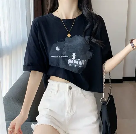 2023年夏季韩版新款圆领短款高腰短袖t恤女宽松学生百搭上衣ins潮商品大图