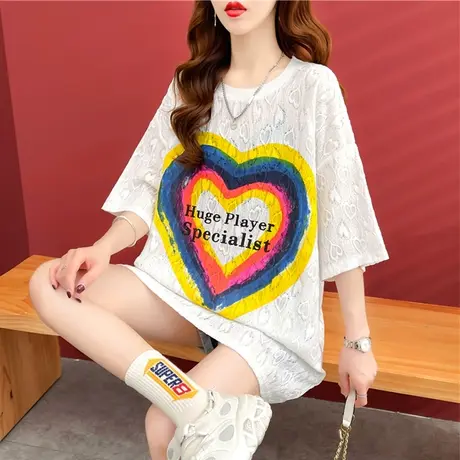 设计感小众短袖t恤女夏季韩版宽松大码女装中长款镂空蕾丝上衣服图片