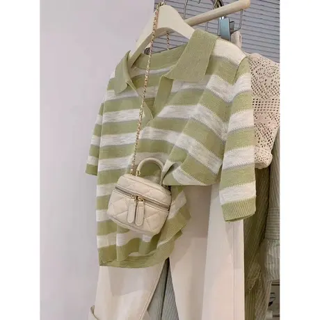 复古chic港味条纹POLO领T恤短袖女夏装宽松百搭韩版上衣半袖ins潮商品大图
