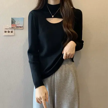 半高领打底衫女秋冬内搭ins镂空小众设计感显瘦针织衫t恤长袖上衣图片